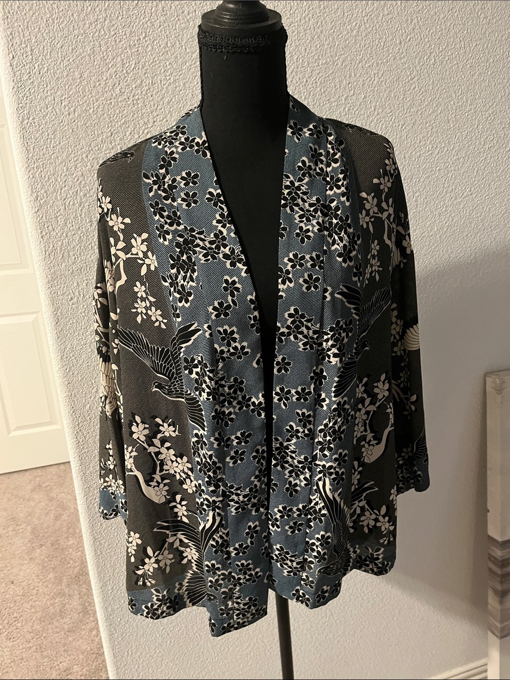 BCBG Maxazria Floral Crane Print Open Kimono  in Black and Slate Blue